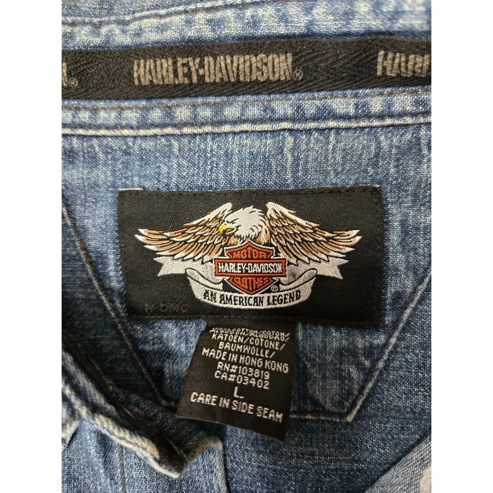 Harley-Davidson Mens Blue Denim Long Sleeve Button Down Shirt Large Moto Riding - Picture 8 of 11